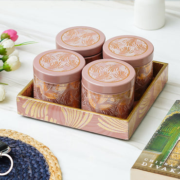 Webelkart Enamel Coated Air Tight Dry Fruit 4 Container With 1 Tray For Home Decor Dry Fruit Box,Serving Tray For Diwali Decoration/Box Container For Table Decor Home Decoration Item (8" Inches)