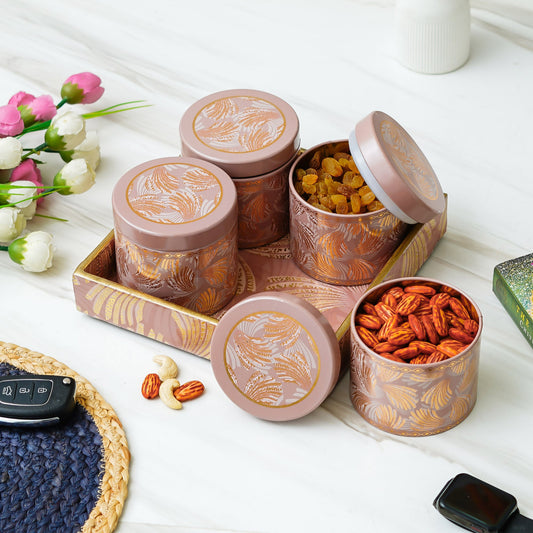 Webelkart Enamel Coated Air Tight Dry Fruit 4 Container With 1 Tray For Home Decor Dry Fruit Box,Serving Tray For Diwali Decoration/Box Container For Table Decor Home Decoration Item (8" Inches)