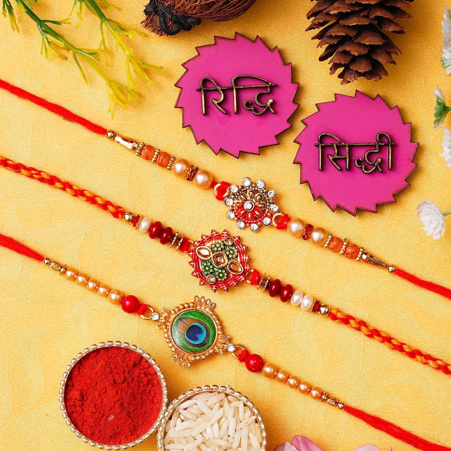 Webelkart Set Of 3 Rakhi For Brother And Bhabhi With Riddhi-Siddhi Sticker for Home Decor | Rakhi For Bhaiya Bhabhi |Lumba Rakhi For Bhabhi |Kids Rakhi With Roli Chawal Best Wishes Card