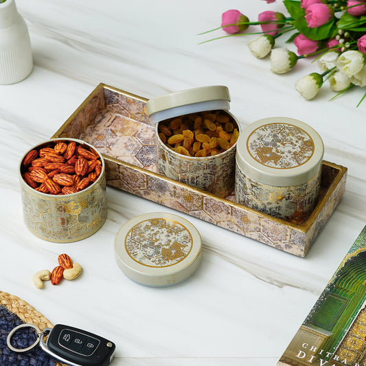 Webelkart Premium Enamel Coated Air Tight Dry Fruit 3 Container With 1 Tray With Lid For Home Decor Dry Fruit Box,Serving Tray/Box Container For Table Decor Diwali Gift Item (8" Inches)