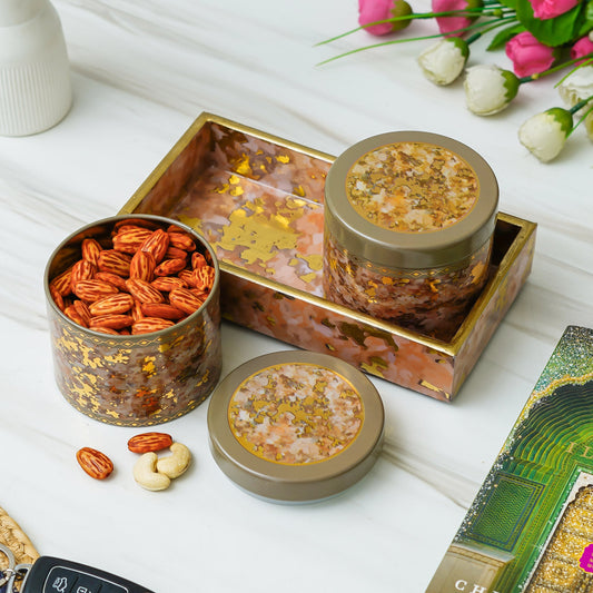 Webelkart Antique Enamel Coated Air Tight Dry Fruit 2 Container With 1 Tray with Lid For Table Top Home Decor Dry Fruit Box,Serving Tray/Box Container For Table Decor Home Decoration Item (8" Inches)
