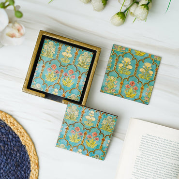 Webelkart Premium Enamel Coated Wooden Coaster Natural Printed Handmade Square Tea Coasters with Stand Tea/Coffee Coasters,Coster Set for Dining Table for Hot Pots Home Decoration Item (5" Inches)