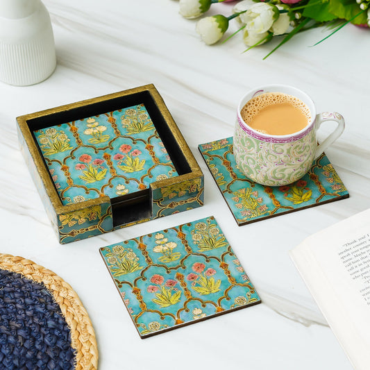 Webelkart Premium Enamel Coated Wooden Coaster Natural Printed Handmade Square Tea Coasters with Stand Tea/Coffee Coasters,Coster Set for Dining Table for Hot Pots Home Decoration Item (5" Inches)