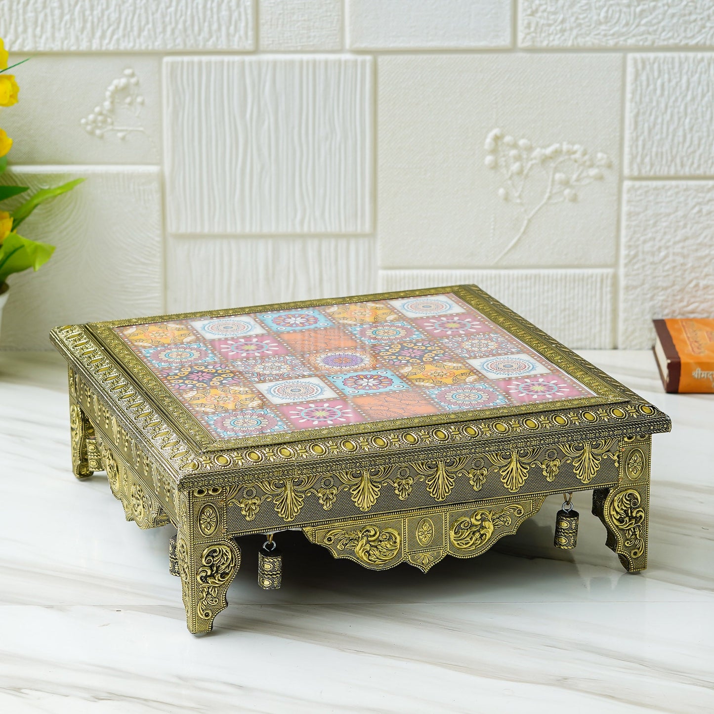 Webelkart Premium Multi Designer Handmade Wooden Rajwadi Chowki/Patla for Home Decor | Wooden patla for puja, Pooja chowki for Diwali Decoration (15"x15" Inches Multi)
