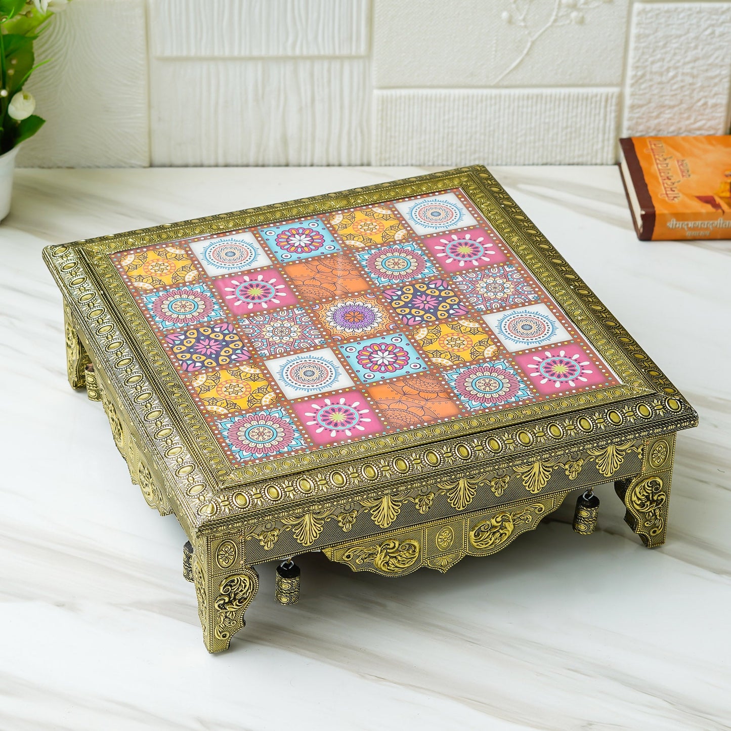 Webelkart Premium Multi Designer Handmade Wooden Rajwadi Chowki/Patla for Home Decor | Wooden patla for puja, Pooja chowki for Diwali Decoration (15"x15" Inches Multi)