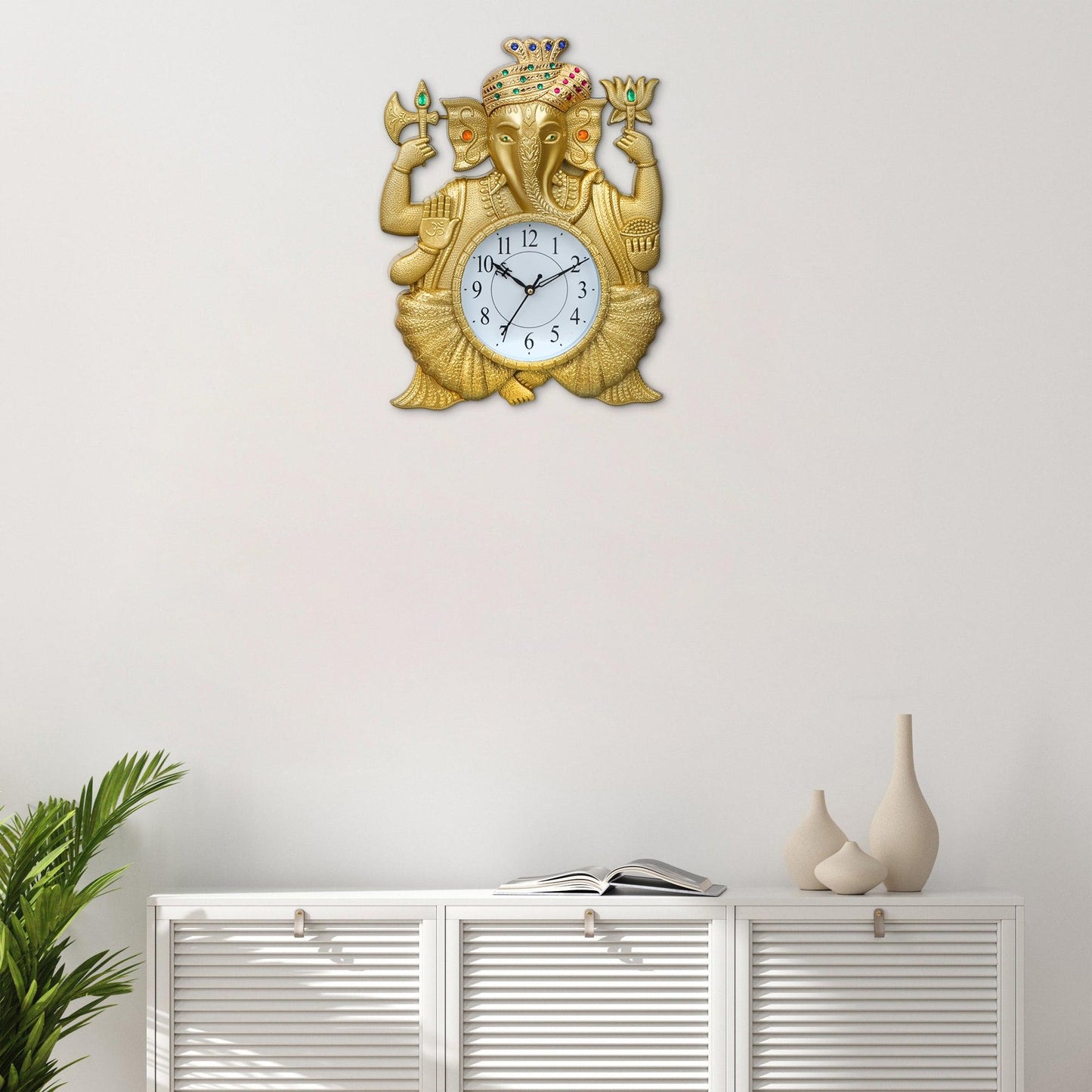 Webelkart Premium Pagdi Ganesha Analog Wall Clock for Home and Office Decor (12 Inches, Gold)