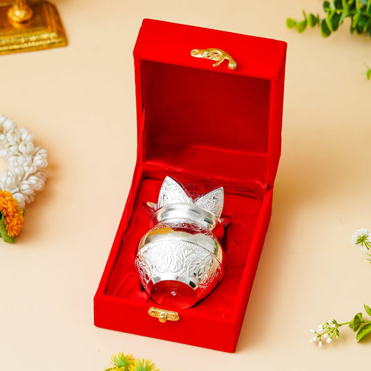 Webelkart Antique Sliver Plated Pooja Kalash with Coconut for Pooja Decor with Red Velvet Box/Swastik Kalash for Puja Temple/Diwali Gift Item/mangal Kalash (5" inches)