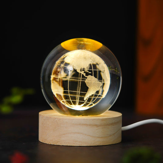Webelkart Premium 3D Globe Crystal Ball Night Light USB Table LED Lamp Home Decor, Crystal Ball Night Light with Warm White Dimmable LED with Wooden Base,Diwali Decor Item (3" Inches)