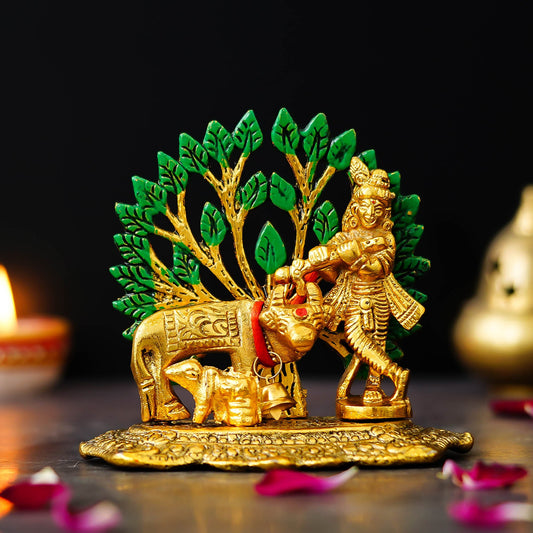 Webelkart Antique Metal Krishna Idol with Kamdhenu Cow Showpiece for Home/Office Decor| Krishna Statue |Krishna Murti for Temple Decor Pooja Article Decoration Item (4.13" Inches)