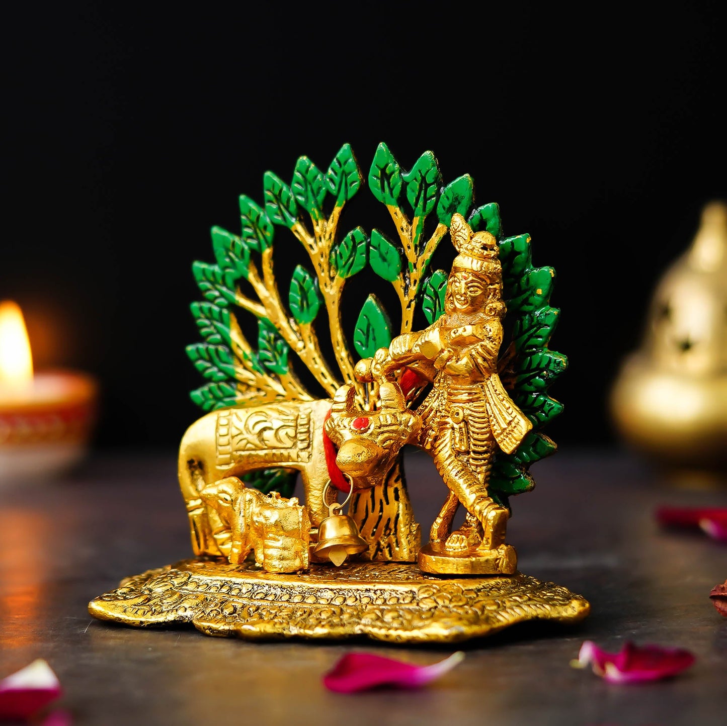 Webelkart Antique Metal Krishna Idol with Kamdhenu Cow Showpiece for Home/Office Decor| Krishna Statue |Krishna Murti for Temple Decor Pooja Article Decoration Item (4.13" Inches)