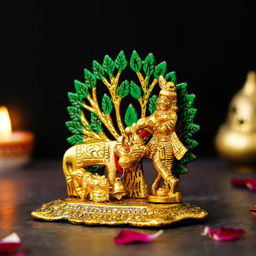 Webelkart Antique Metal Krishna Idol with Kamdhenu Cow Showpiece for Home/Office Decor| Krishna Statue |Krishna Murti for Temple Decor Pooja Article Decoration Item (4.13" Inches)