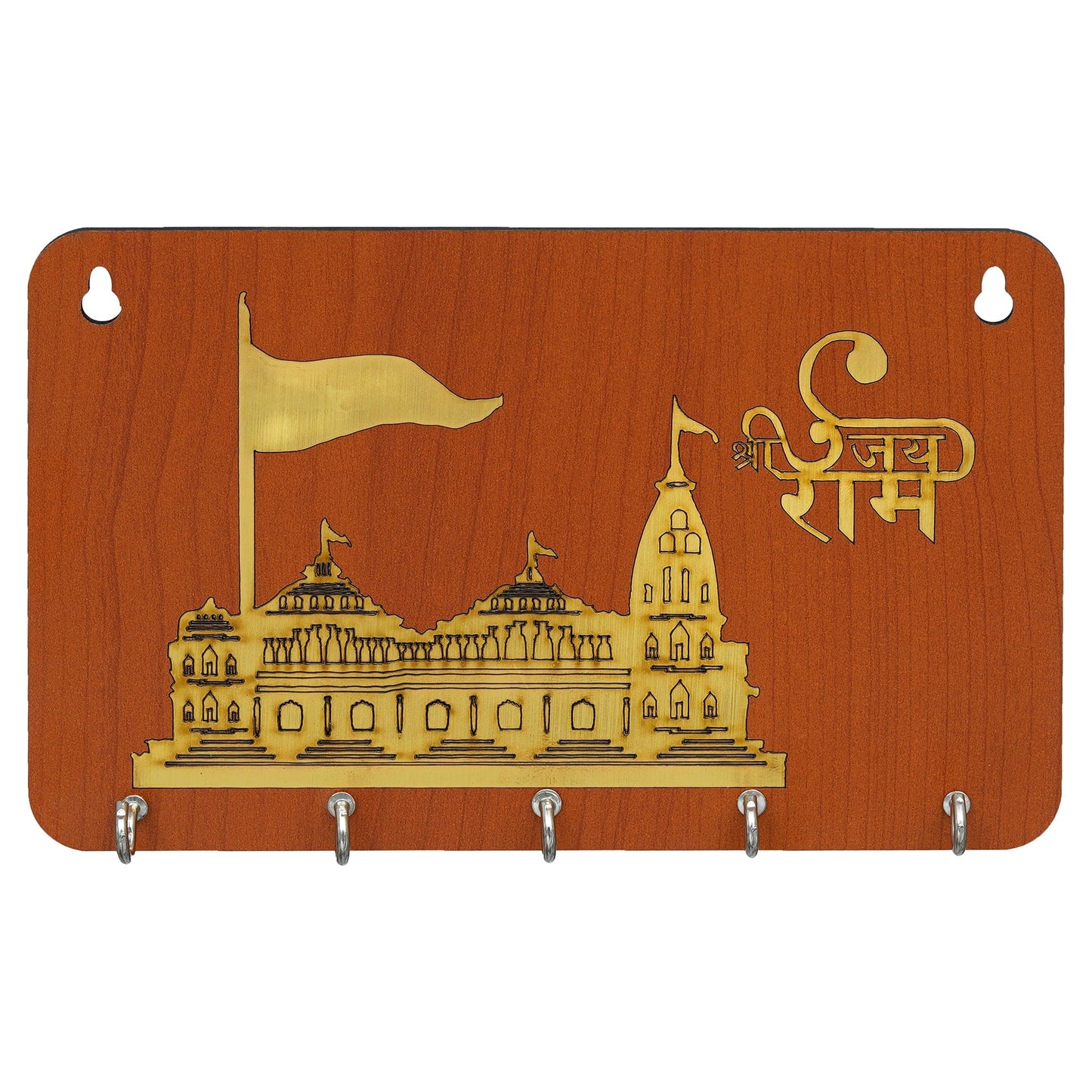 JaipurCrafts Premium Jai Shree Ram Mandir Ayodhya Model Wooden Key Holder for Home and Office Decor/Keychain Holder for Home - Orange,Gold - 8 inches