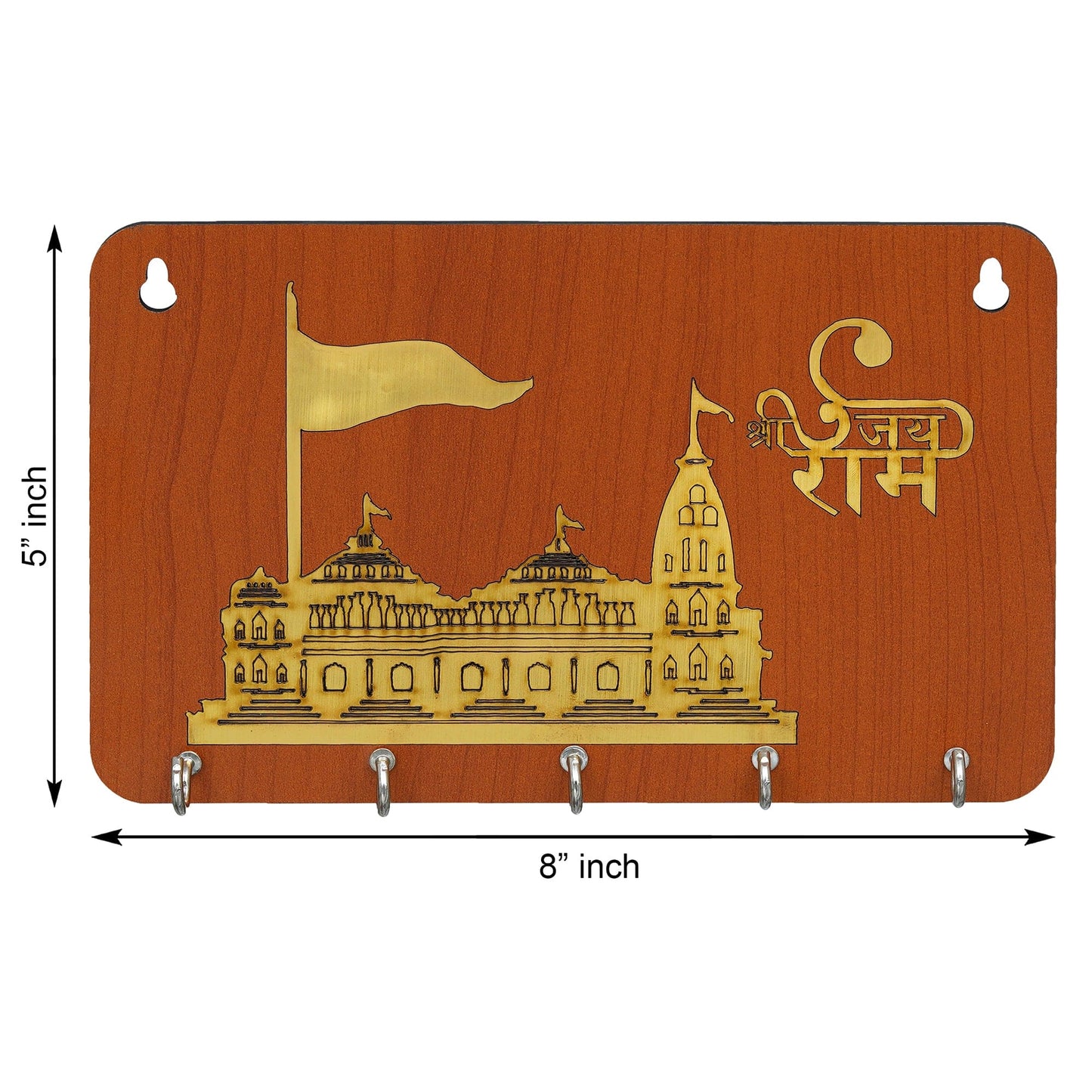 JaipurCrafts Premium Jai Shree Ram Mandir Ayodhya Model Wooden Key Holder for Home and Office Decor/Keychain Holder for Home - Orange,Gold - 8 inches
