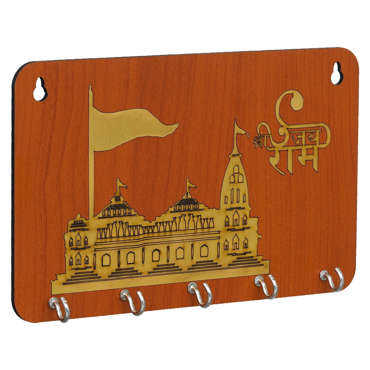 JaipurCrafts Premium Jai Shree Ram Mandir Ayodhya Model Wooden Key Holder for Home and Office Decor/Keychain Holder for Home - Orange,Gold - 8 inches