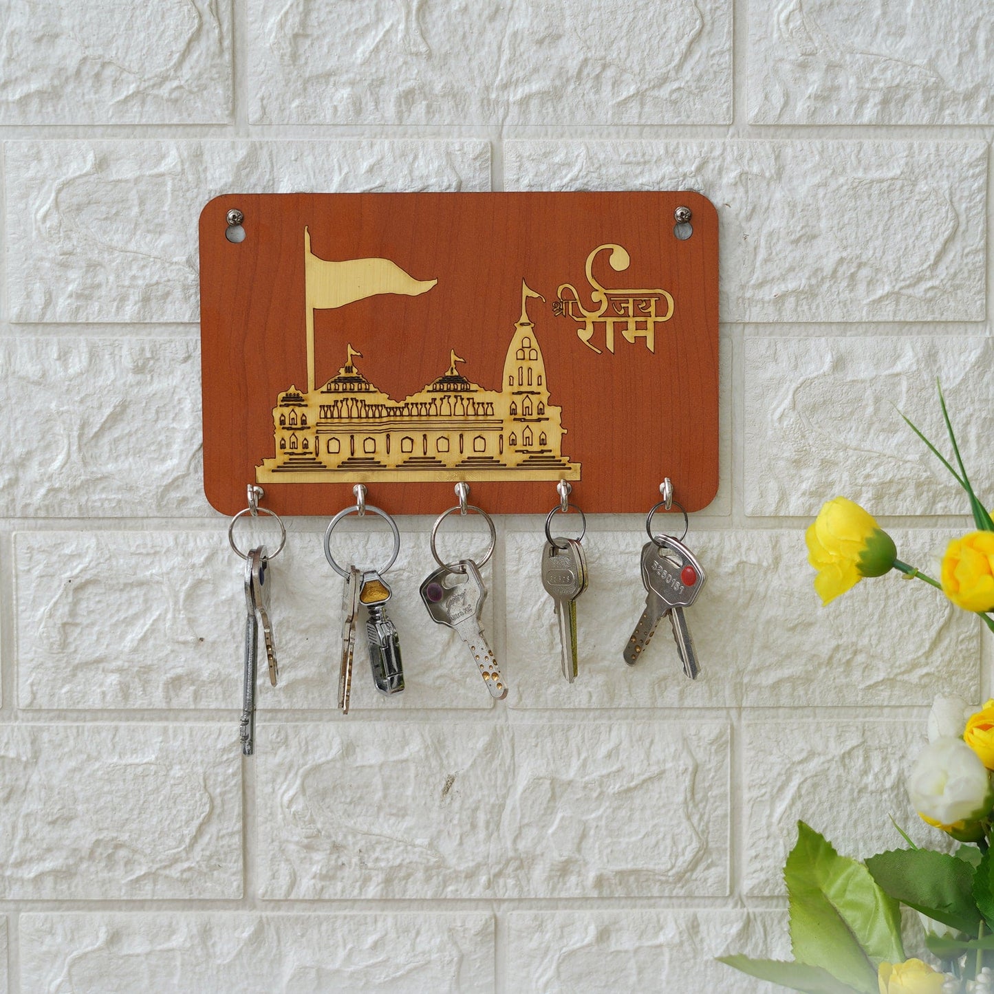 JaipurCrafts Premium Jai Shree Ram Mandir Ayodhya Model Wooden Key Holder for Home and Office Decor/Keychain Holder for Home - Orange,Gold - 8 inches