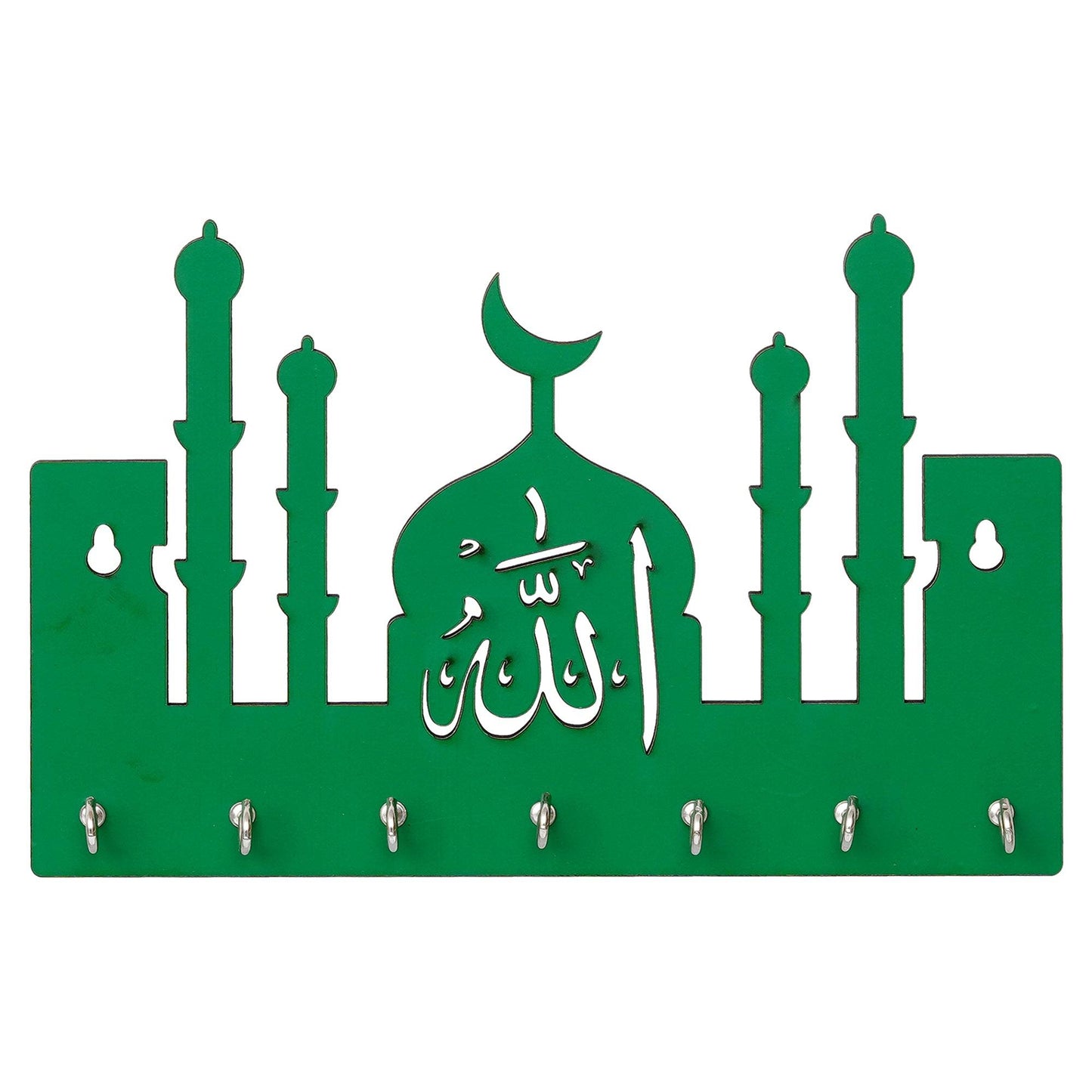 JaipurCrafts Premium Macca Madina-Allah Wooden Key Chain Holder for Home and Living Room Decor, Allah Key Holder for Office Decor (Green)