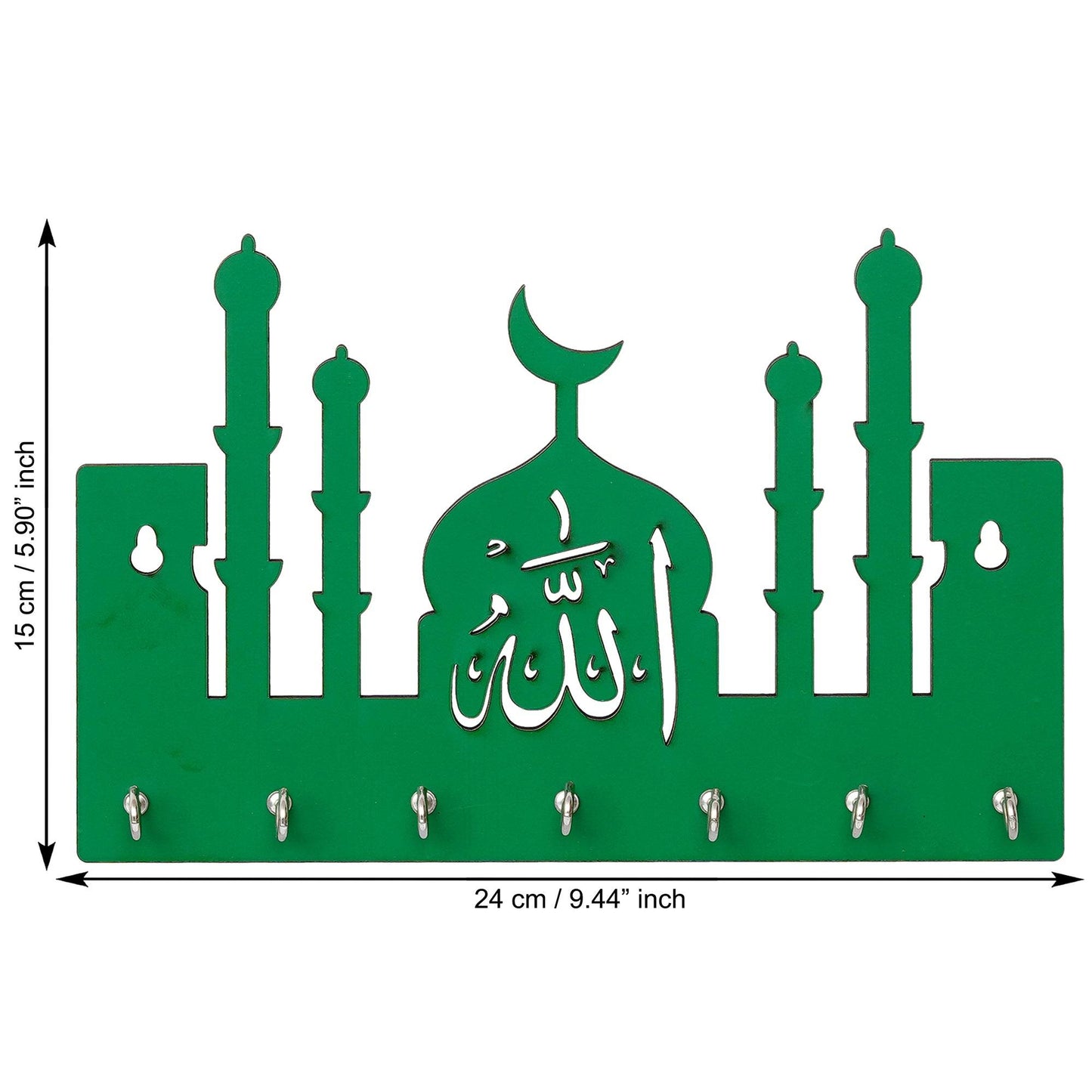 JaipurCrafts Premium Macca Madina-Allah Wooden Key Chain Holder for Home and Living Room Decor, Allah Key Holder for Office Decor (Green)