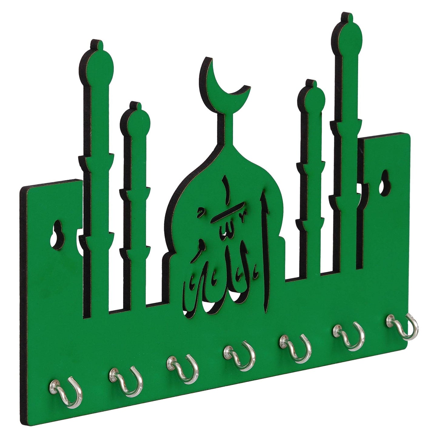 JaipurCrafts Premium Macca Madina-Allah Wooden Key Chain Holder for Home and Living Room Decor, Allah Key Holder for Office Decor (Green)