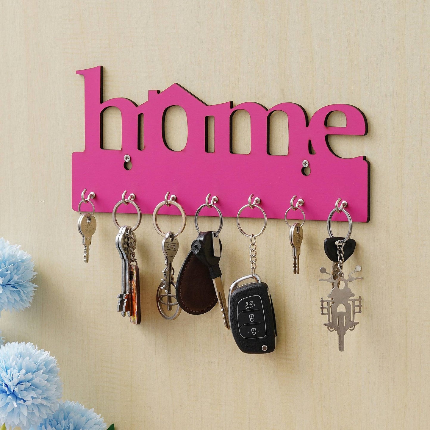 Webelkart Premium Home Keys Wooden Key Holder (29 cm x 13.5 cm x 0.4 cm, Wood) 7 Hook - Decorative Items for Home Decor (Pink)