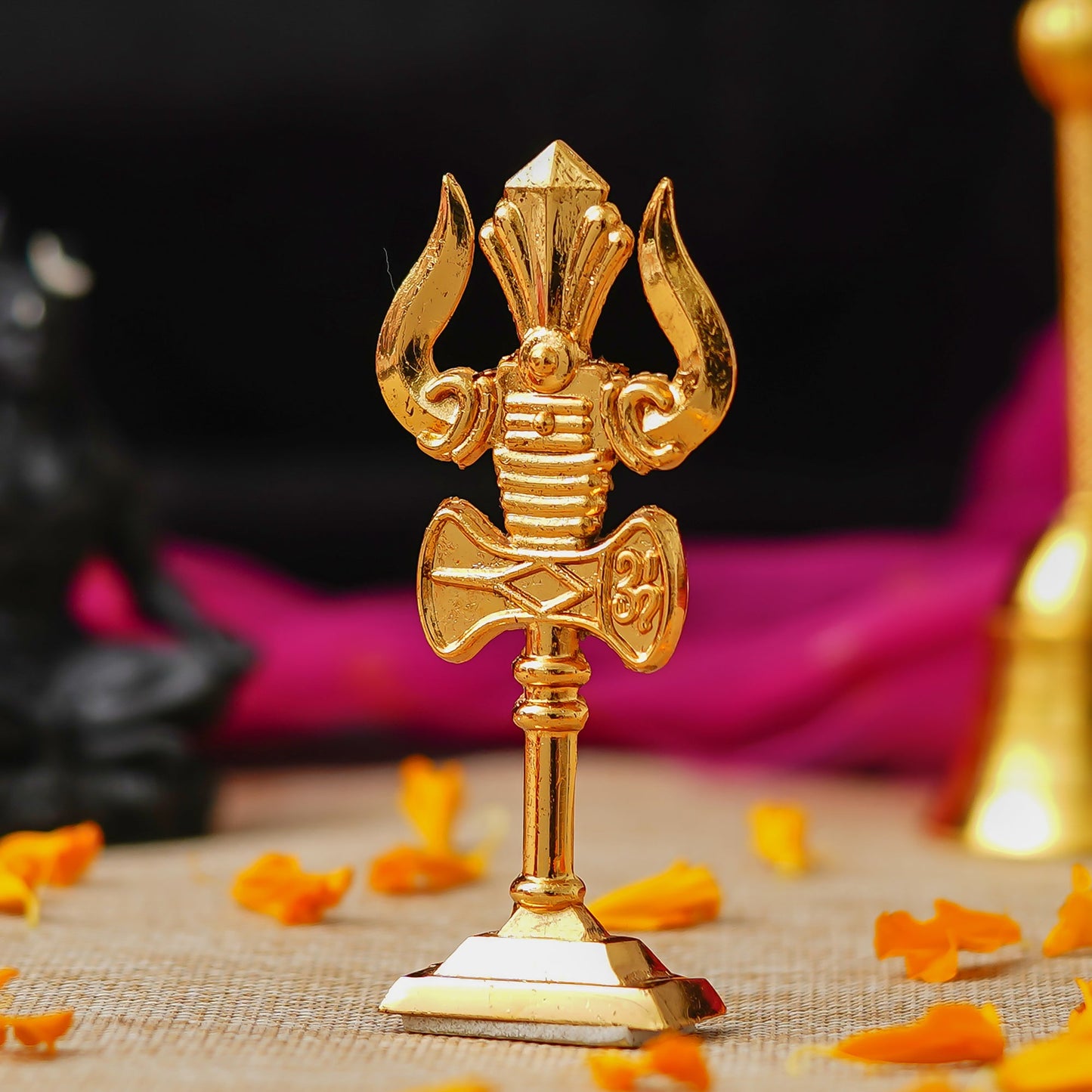 Webelkart Premium Metal Lord Shiva Trishul with Damru on Stand Statue for CarDashboard,Pooja Decor Beautiful Mahakal Trishul for Temple Decor Pooja Artical,Adiyogi Trishul (3.93" Inches Gold)