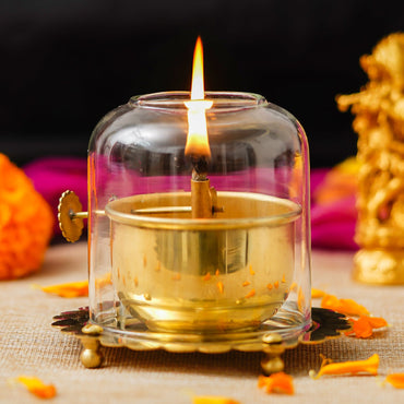 Webelkart Premium Brass Lanterns for Home Decor Akhand Diya with Lifting Screw for Puja Decor|Oil Puja Lamp for Aarti Temple Pooja Article ( 4.53" Inches)