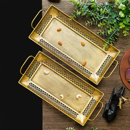 Webelkart Brass Serving Trays Modern Style with Handle Large, Medium Serving Tray, Snacks, Floating Flowers for Home Decoration Dining Table| Diwali and Home Decor Items (15.35" Inches) Set of 2