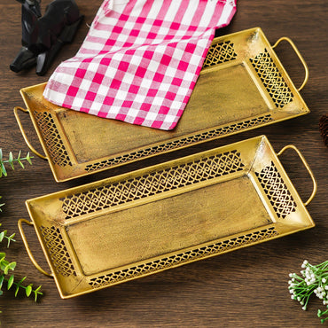Webelkart Brass Serving Trays Modern Style with Handle Large, Medium Serving Tray, Snacks, Floating Flowers for Home Decoration Dining Table| Diwali and Home Decor Items (15.35" Inches) Set of 2