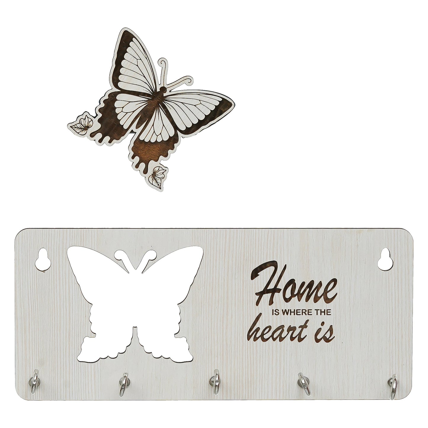 Webelkart Premium Home is Where The Heart is Wooden Key Holder for Home/Office Decor, Key Hanger for Wall Decor,Key Stand (with Butterfly Cutout)