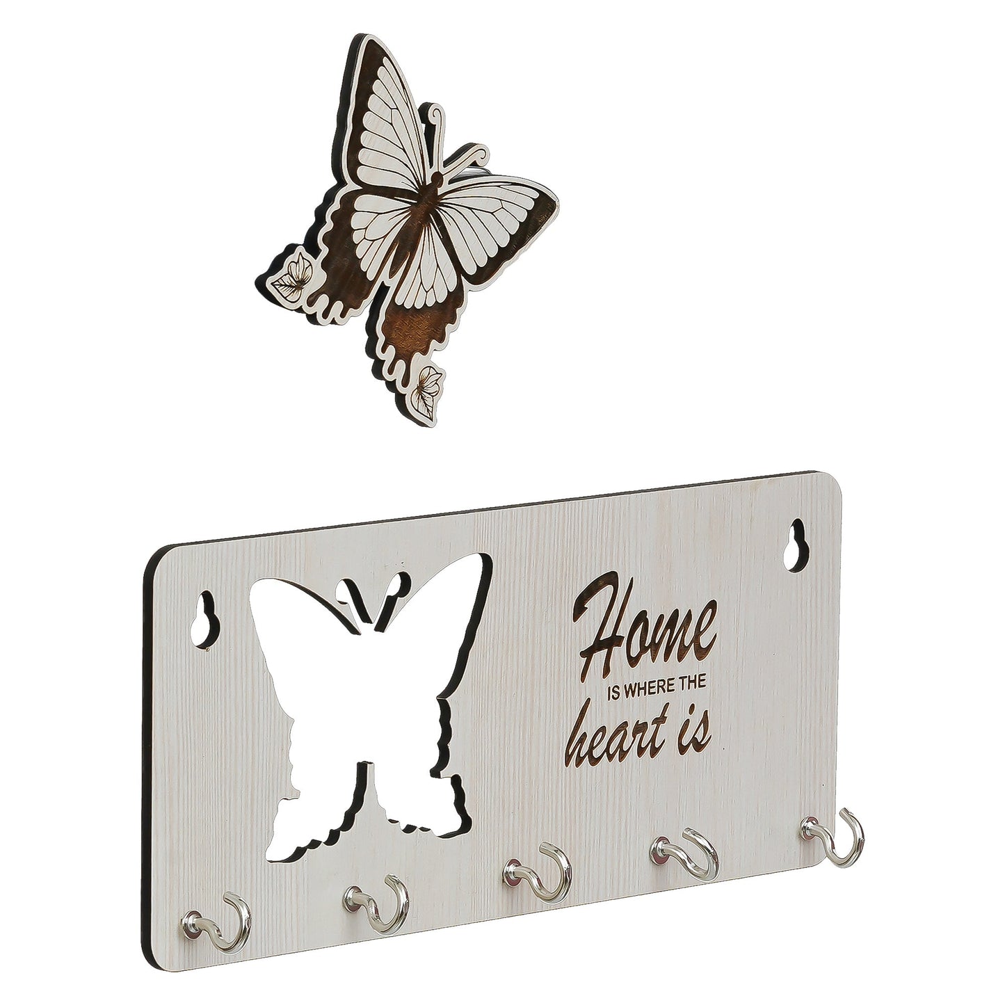 Webelkart Premium Home is Where The Heart is Wooden Key Holder for Home/Office Decor, Key Hanger for Wall Decor,Key Stand (with Butterfly Cutout)