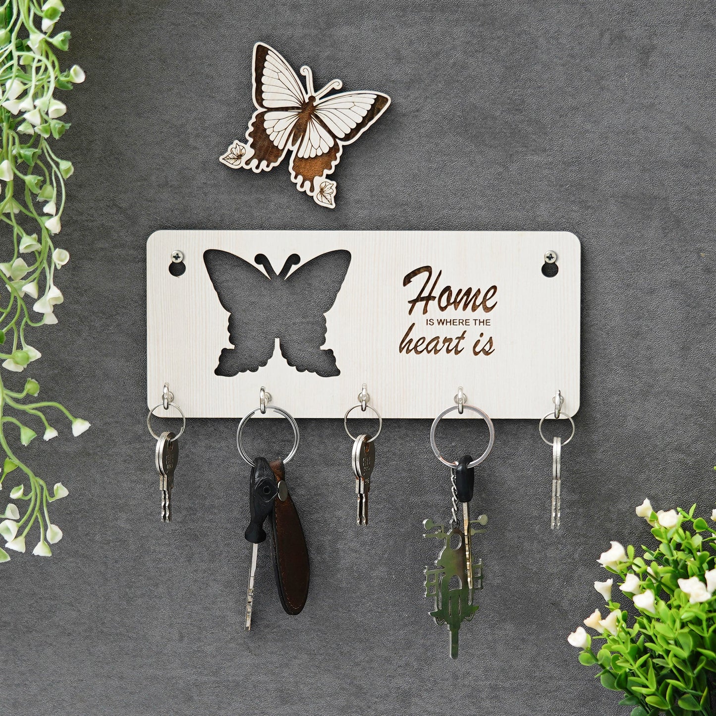Webelkart Premium Home is Where The Heart is Wooden Key Holder for Home/Office Decor, Key Hanger for Wall Decor,Key Stand (with Butterfly Cutout)