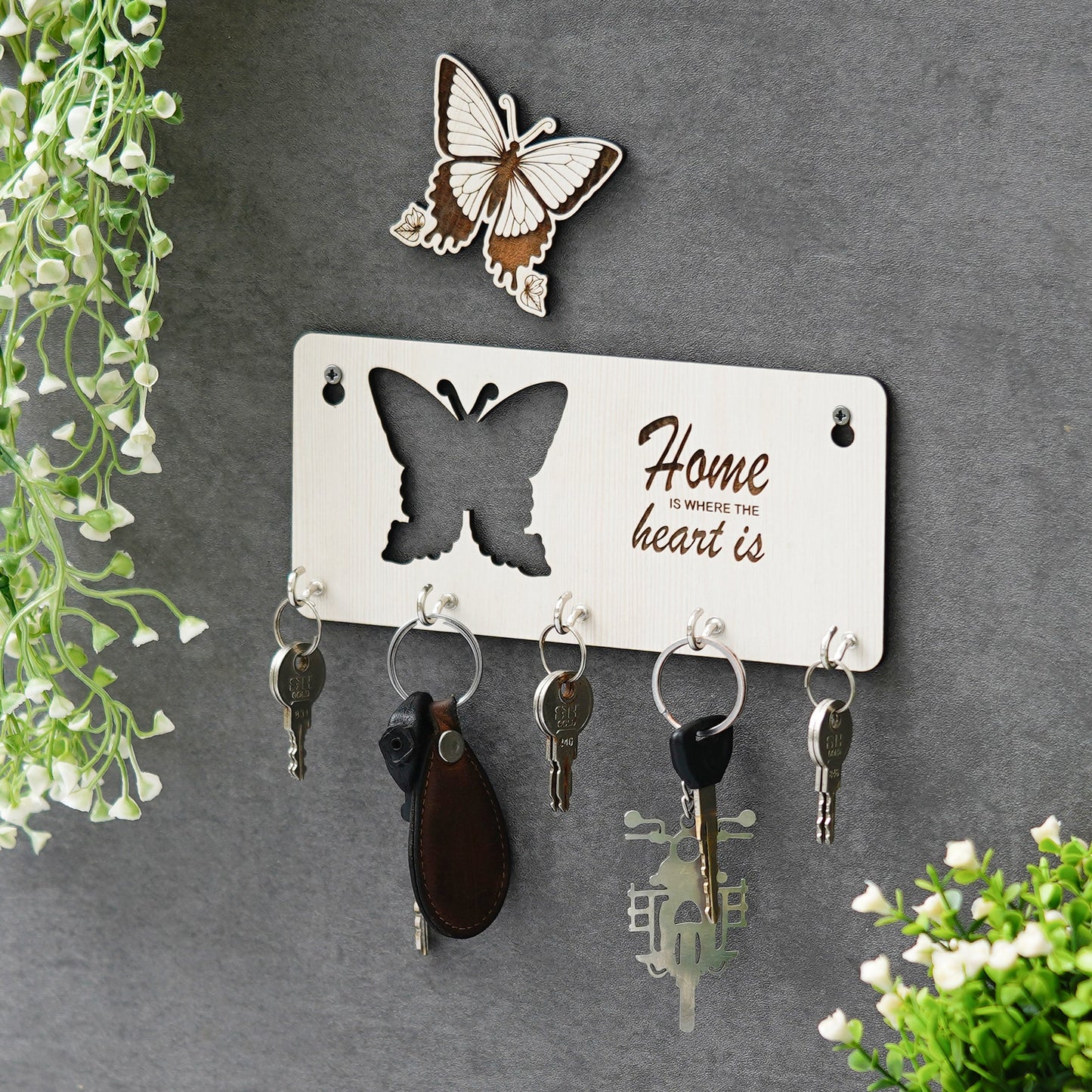 Webelkart Premium Home is Where The Heart is Wooden Key Holder for Home/Office Decor, Key Hanger for Wall Decor,Key Stand (with Butterfly Cutout)
