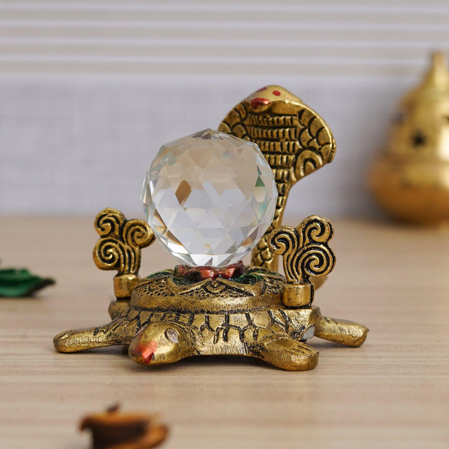 JaipurCrafts Premium Gold Metal Tortoise with Cystal Ball and Naag Devta Antiqie Naag Mani Showpiece for Home and Pooja Room (Gold , 4.5 Inches)