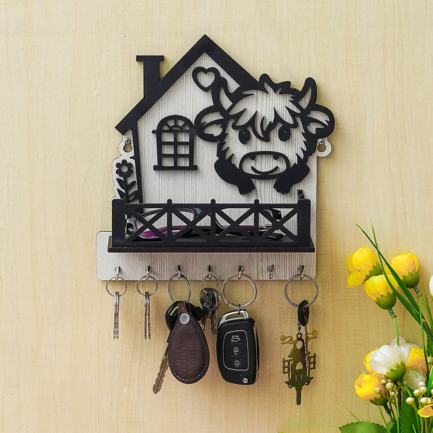 Webelkart Antique Designer Wooden House Keys Hanger Key Holder for Home/Office Decor, Key Holder with Mobile Charging Stand for Wall Decor Key Stand (8.5" Inches