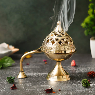 Webelkart Antique Brass Gold Dhoop Dani |Loban Dani |Aarti Brass Dani/Dhoop Dani Burner for Home Decor|Dhoop Batti Stand with Handle (5" Inches)