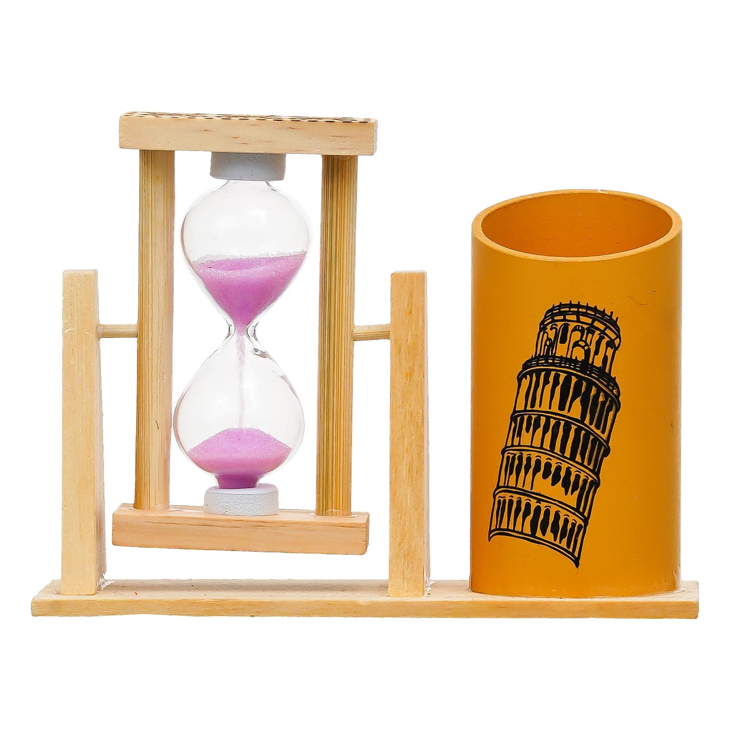 Webelkart Premium Wooden Hour Glass Timer Pen/Pencil Stand for Office/Home Decor |Office Desk Storage with Drawer File Organizer | Desktop Organizer (5" Inches)