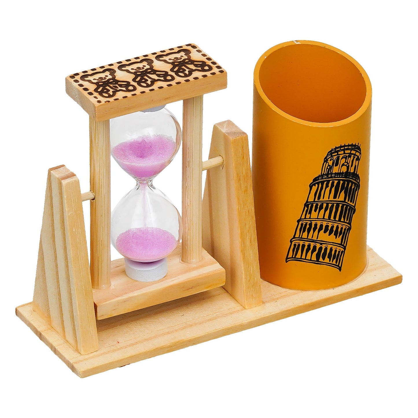 Webelkart Premium Wooden Hour Glass Timer Pen/Pencil Stand for Office/Home Decor |Office Desk Storage with Drawer File Organizer | Desktop Organizer (5" Inches)
