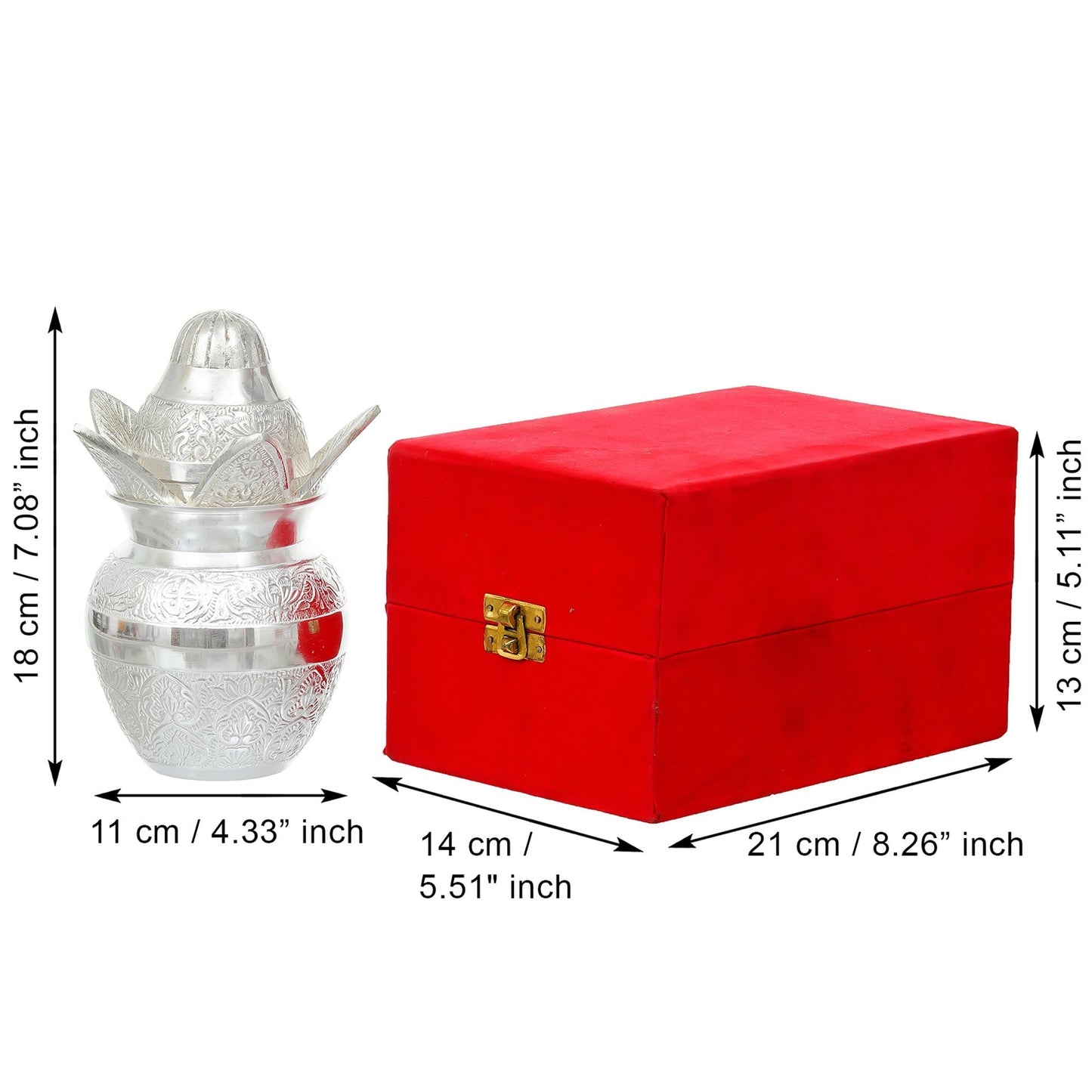Webelkart Premium Silver Plated Pooja Kalash with Coconut for Pooja Decor with Red Velvet Box/Swastik Kalash for Puja Temple Home Decorative Item/Diwali Gift Item/mangal Kalash (Silver)