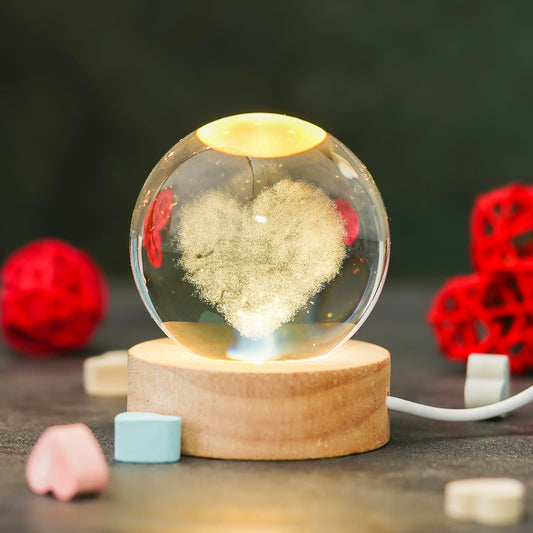 Webelkart Premium 3D Crystal Heart Moon Lamp Night Light for Home Decor/Crystal Ball Night Light with Warm White Dimmable LED with Wooden Base/USB Table LED Lamp,Gift for Valentine (Heart Shape)