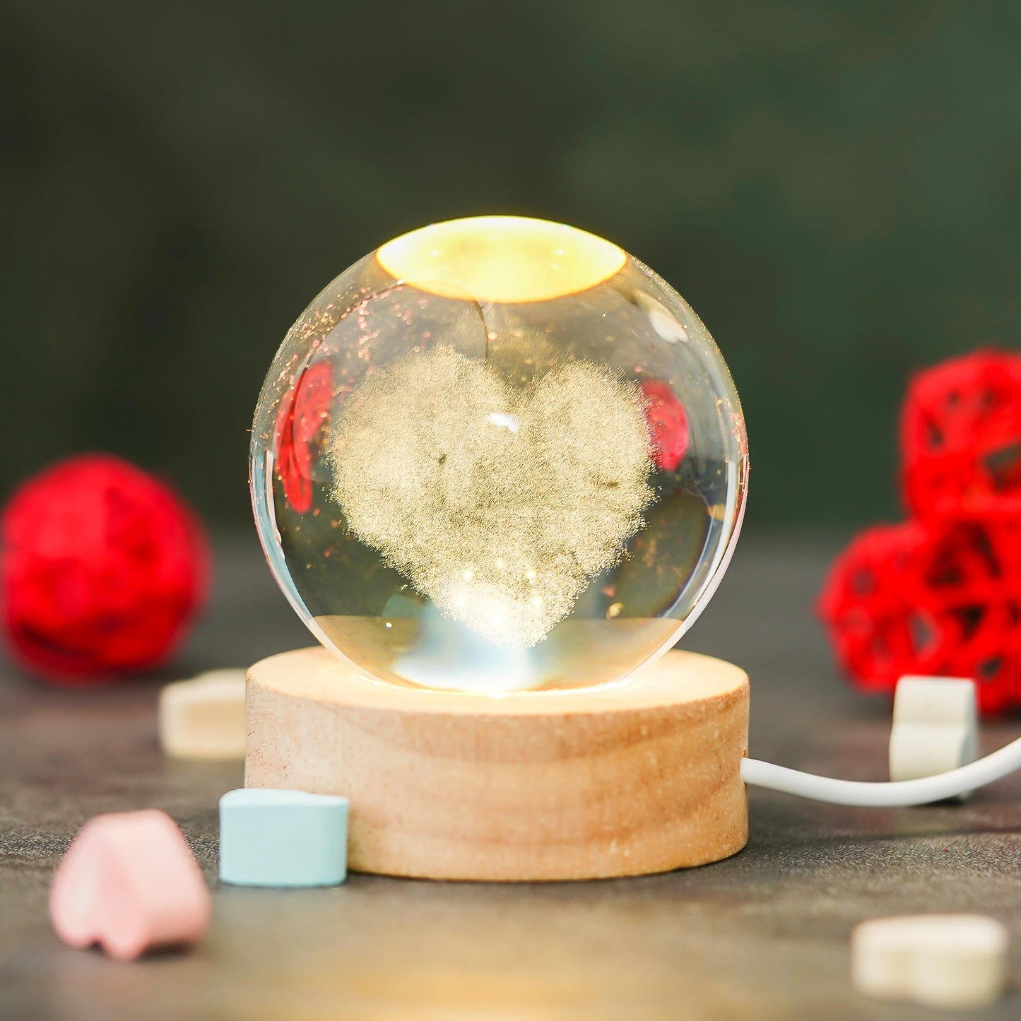 Webelkart Premium 3D Crystal Heart Moon Lamp Night Light for Home Decor/Crystal Ball Night Light with Warm White Dimmable LED with Wooden Base/USB Table LED Lamp,Gift for Valentine (Heart Shape)
