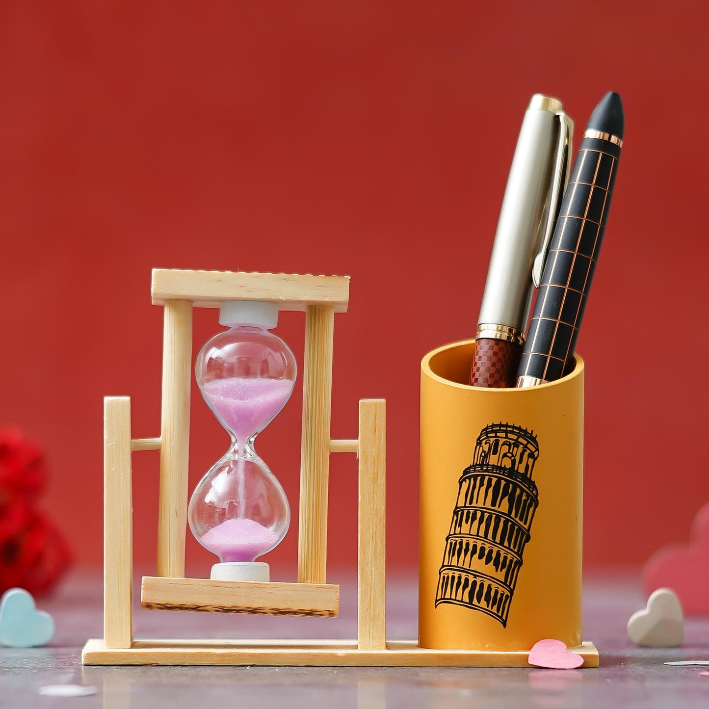 Webelkart Premium Wooden Hour Glass Timer Pen/Pencil Stand for Office/Home Decor |Office Desk Storage with Drawer File Organizer | Desktop Organizer (5" Inches)