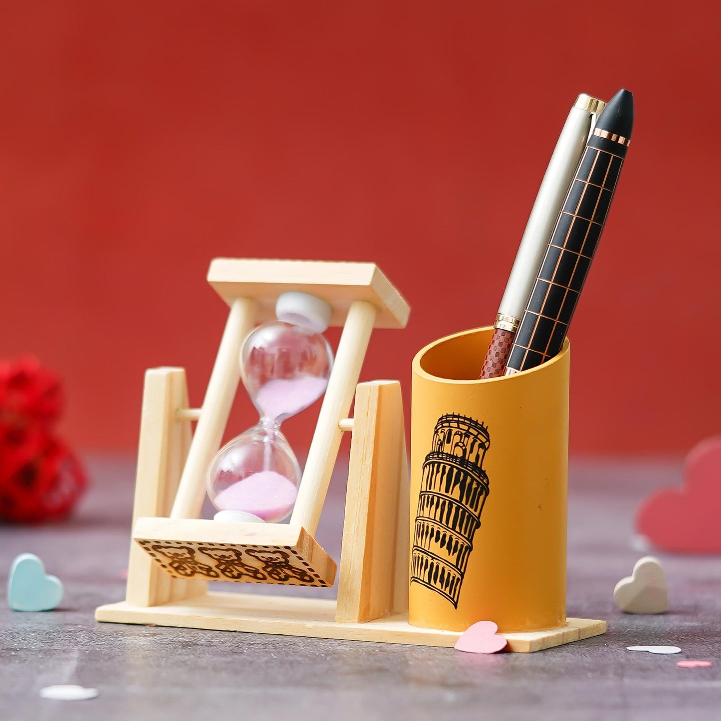 Webelkart Premium Wooden Hour Glass Timer Pen/Pencil Stand for Office/Home Decor |Office Desk Storage with Drawer File Organizer | Desktop Organizer (5" Inches)