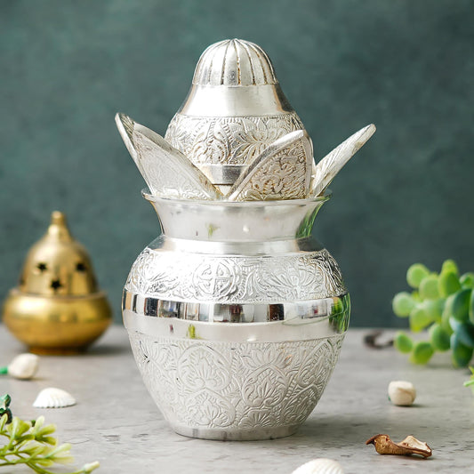 Webelkart Premium Silver Plated Pooja Kalash with Coconut for Pooja Decor with Red Velvet Box/Swastik Kalash for Puja Temple Home Decorative Item/Diwali Gift Item/mangal Kalash (Silver)