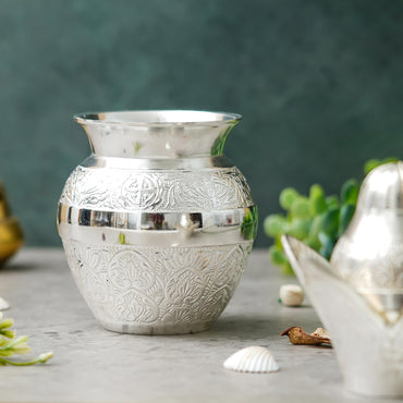 Webelkart Premium Silver Plated Pooja Kalash with Coconut for Pooja Decor with Red Velvet Box/Swastik Kalash for Puja Temple Home Decorative Item/Diwali Gift Item/mangal Kalash (Silver)