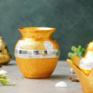 Webelkart Premium Gold Plated Pooja Kalash with Coconut for Pooja Decor with Red Velvet Box/Swastik Kalash for Puja Temple Home Decorative Item/Diwali Gift Item/mangal Kalash (Gold)