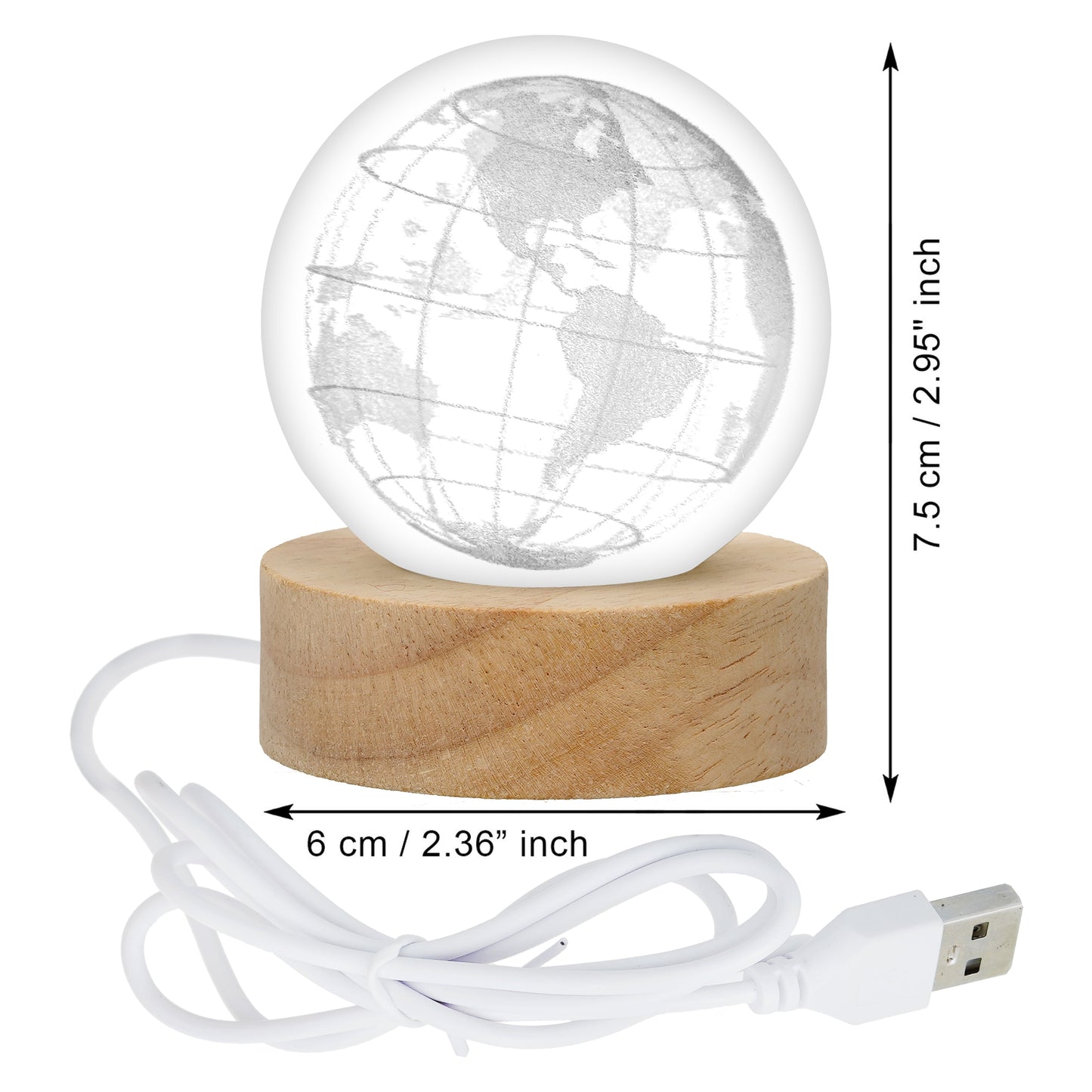Webelkart Premium 3D Globe Crystal Ball Night Light USB Table LED Lamp Home Decor, Crystal Ball Night Light with Warm White Dimmable LED with Wooden Base,Diwali Decor Item (3" Inches)