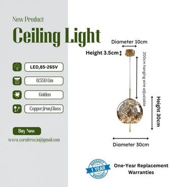 Modern Globe Pendant Light with Starry String LEDs – Golden Hanging Ceiling Light for Dining, Kitchen, Living Room & Hall Decoration