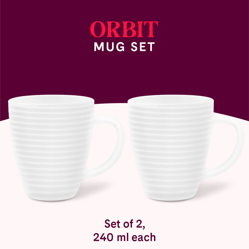 Larah By Borosil Orbit Mug, White, 240ml x 2