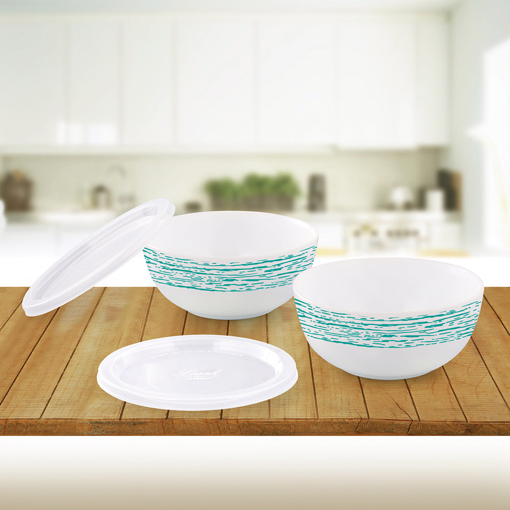 Larah by Borosil Blue Nova Snack Bowl with Cover, 2pcSet+2Lids