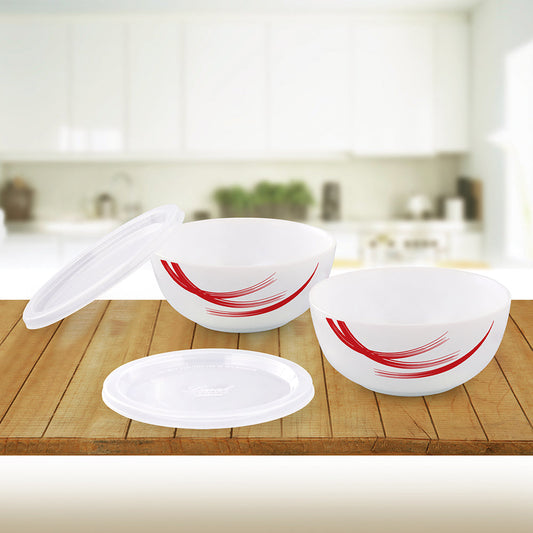 Larah by Borosil Red Stella Snack Bowl with Cover, 2pcSet+2Lids
