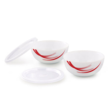 Larah by Borosil Red Stella Snack Bowl with Cover, 2pcSet+2Lids